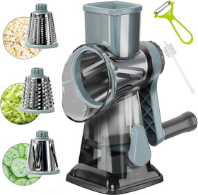YOUCZON rotary cheese grater with handle on blue base for effortless shredding.