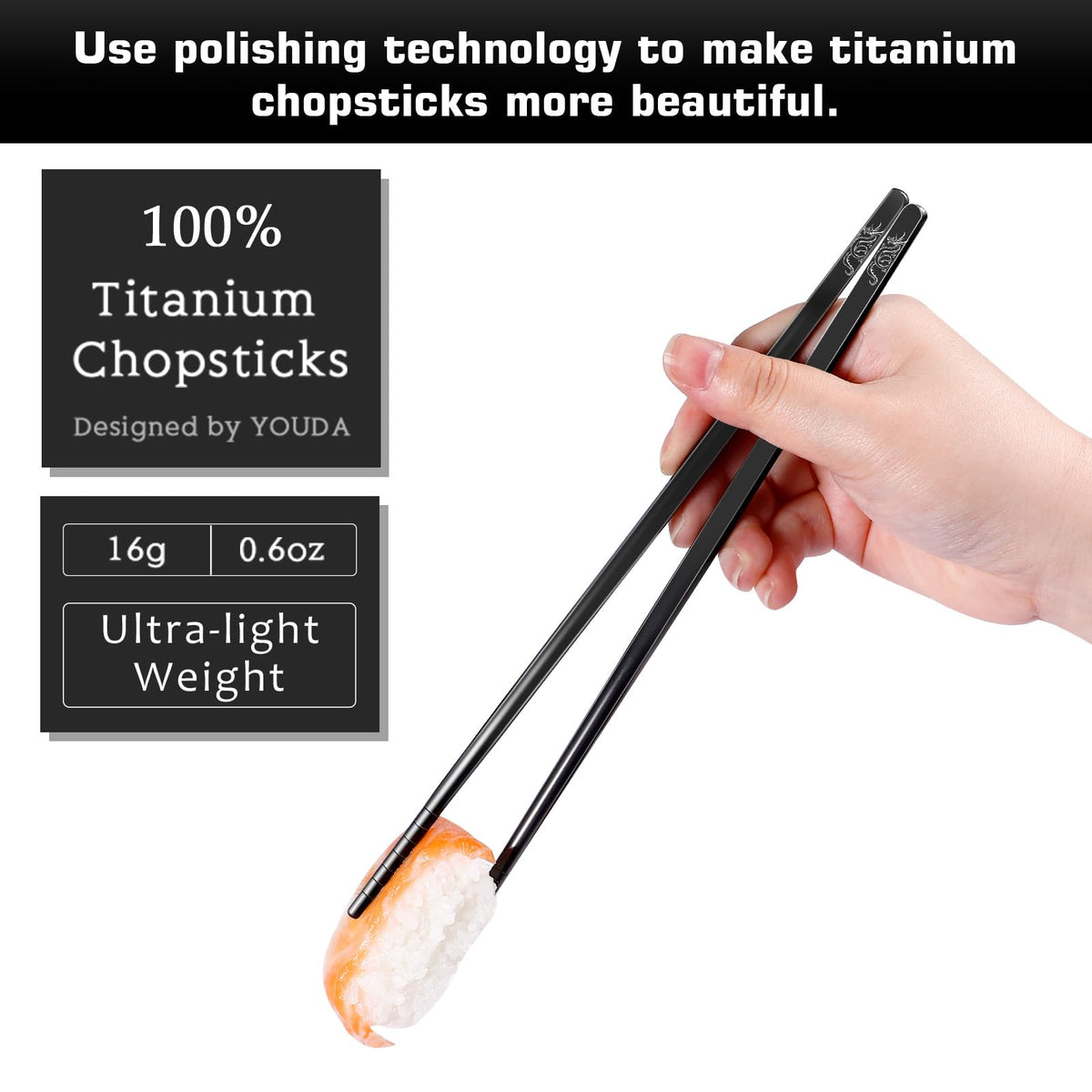 Youda titanium chopsticks, dishwasher-safe and easy to clean after meals.