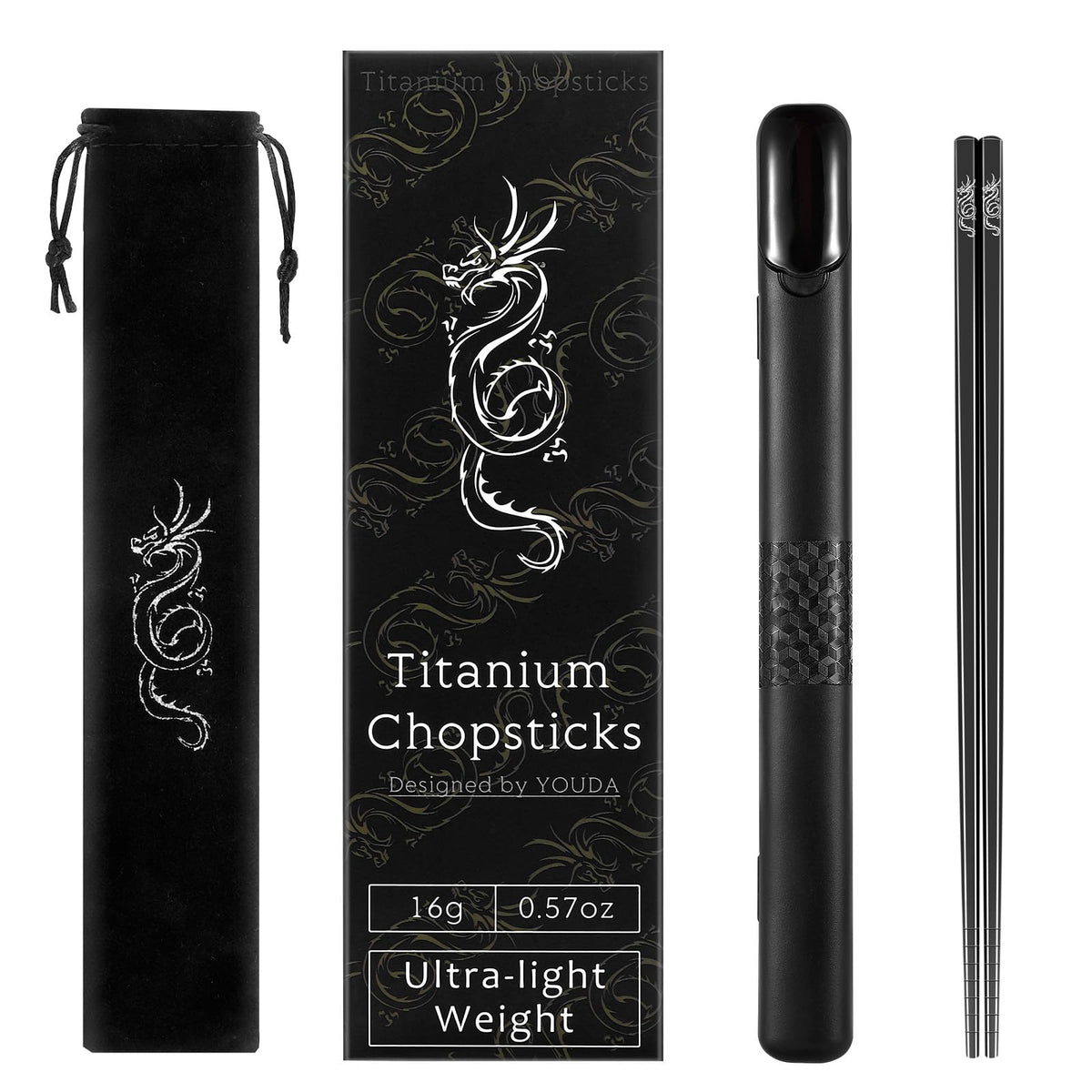 Youda titanium chopsticks with Loong pattern, ultra-light for travel meals.