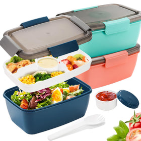 Youeon 3-pcs 68oz salad container set with four compartments for meal prep.