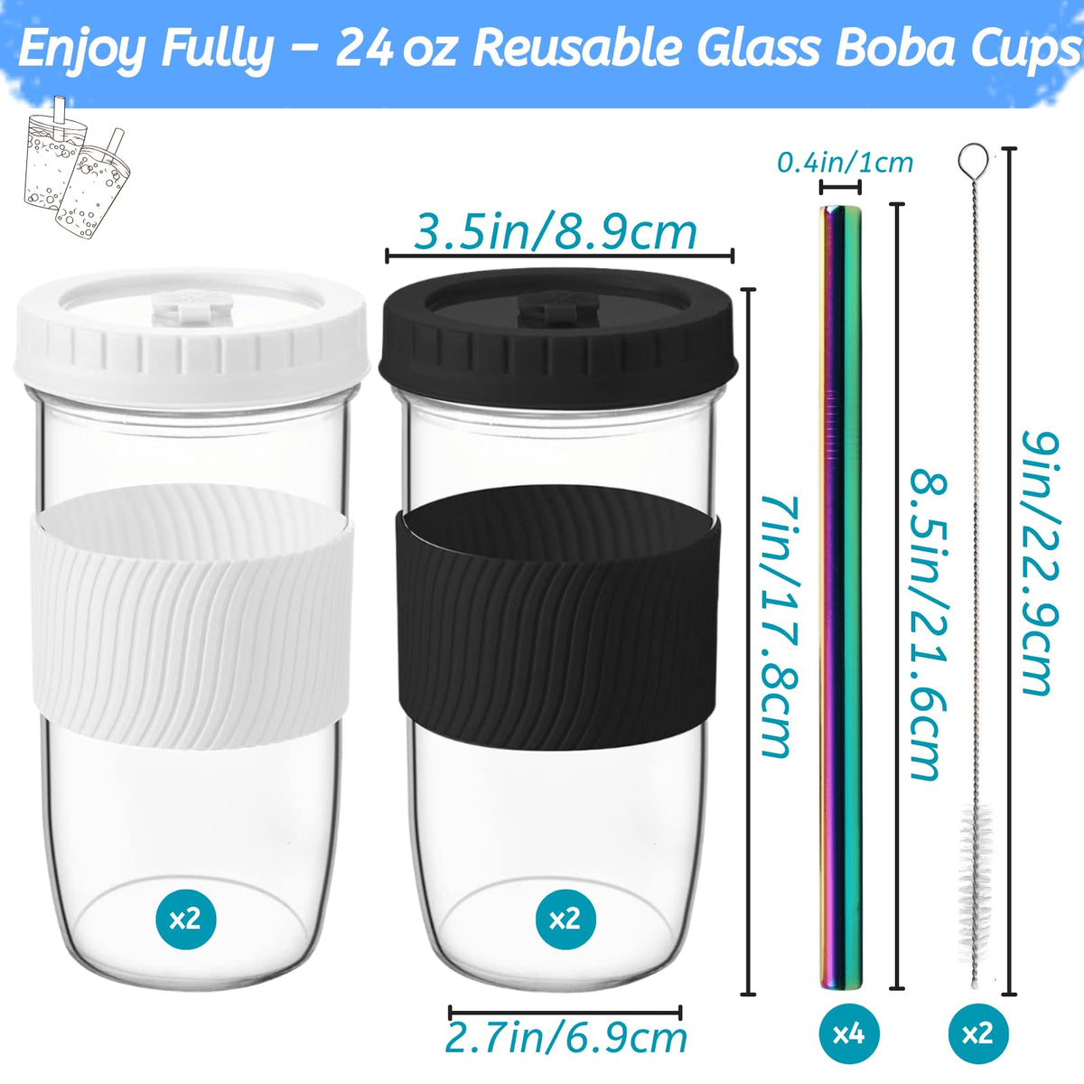 Youeon 4-pack black 24 oz boba cups with lids and sleeves