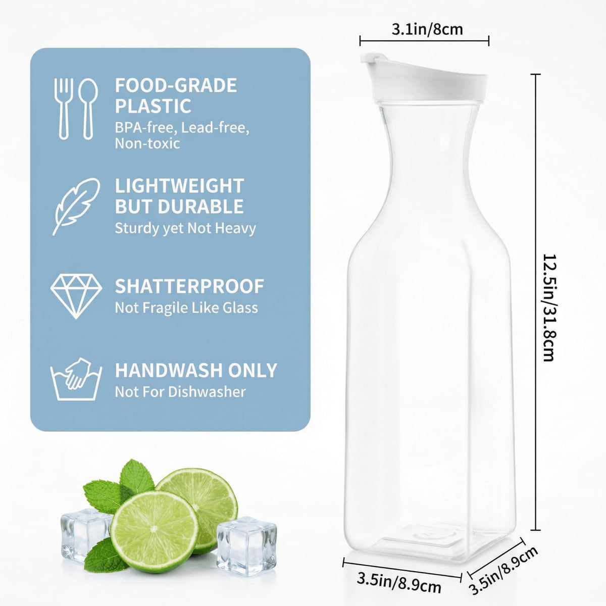 Clear YOUEON pitcher with white lid on fridge shelf