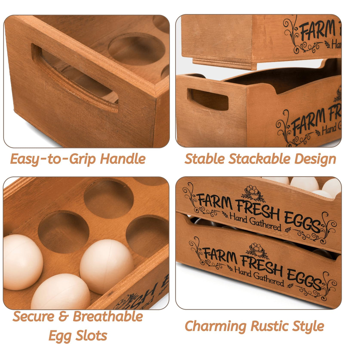 Close-up of pinewood finish and Farm Fresh Eggs print on the holder.