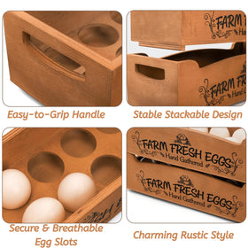 Close-up of pinewood finish and Farm Fresh Eggs print on the holder.