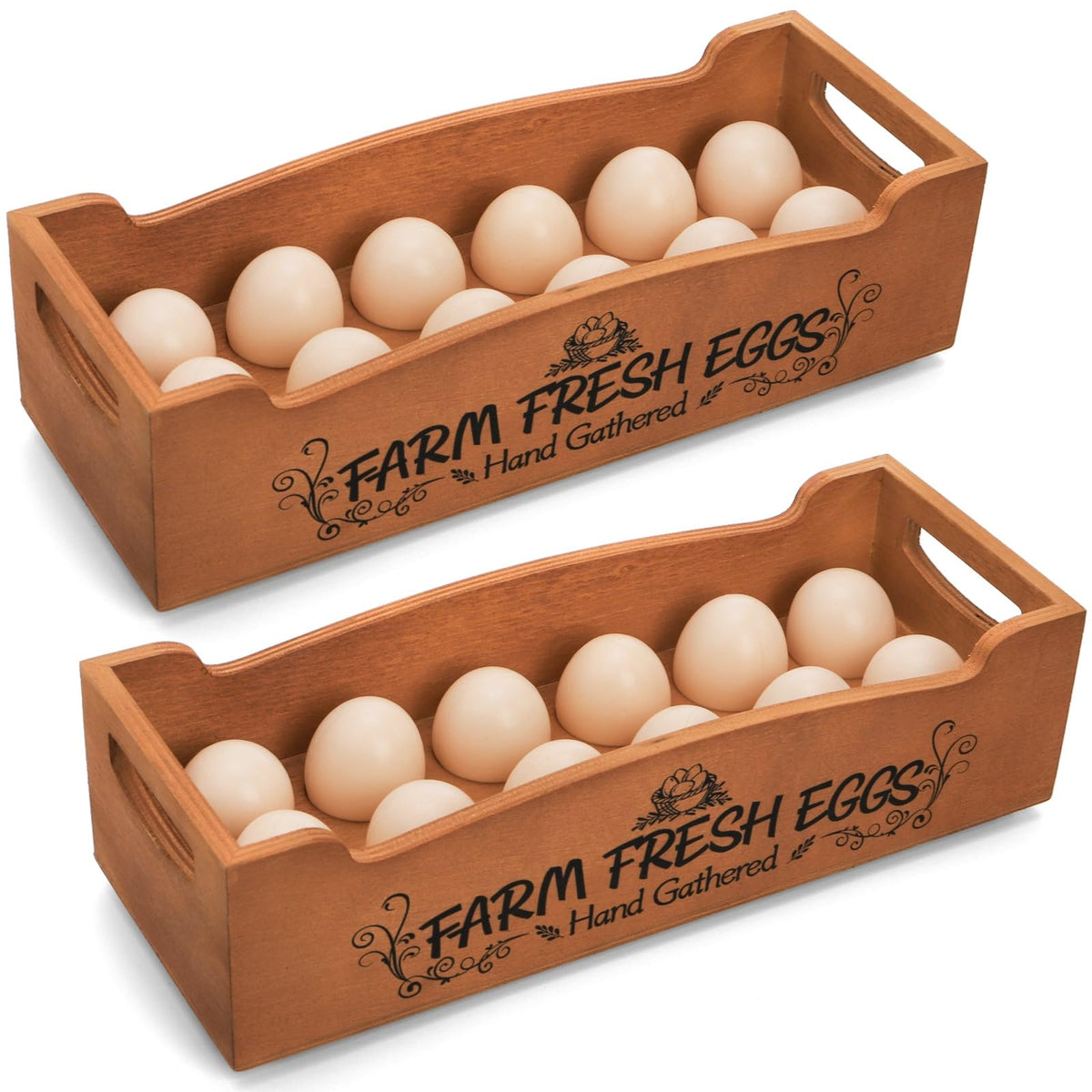 Youeon wooden egg holder with 24-egg capacity on a sunny kitchen counter.