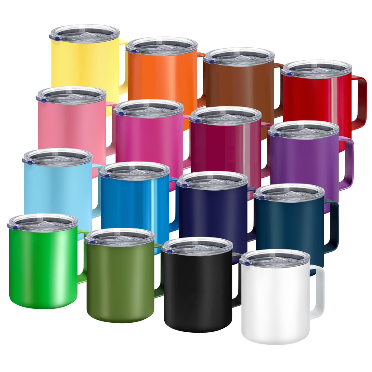 YOUKE OLA 16-pack stainless steel mugs with handles and lids for home use.