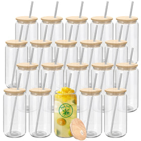 YOUKE OLA 20oz glass cup with bamboo lid ideal for iced coffee and cocktails.