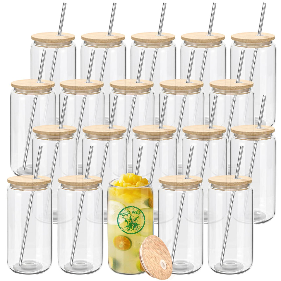 YOUKE OLA 20oz glass cup with bamboo lid ideal for iced coffee and cocktails.