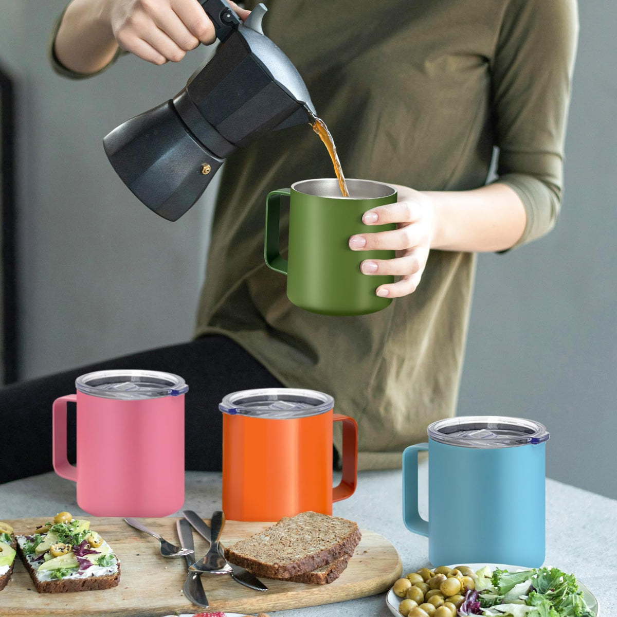 YOUKE OLA 12oz travel mug suitable for hot or cold drinks.