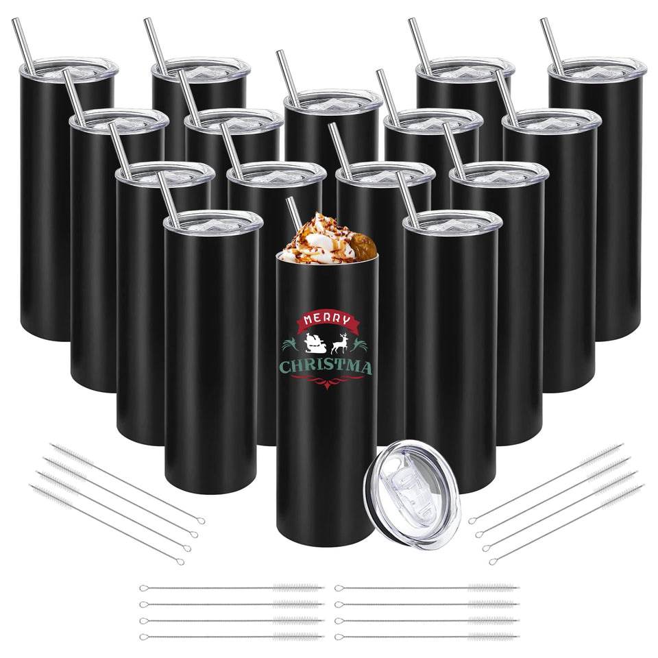YOUKE OLA 16-pack black tumblers with lids for DIY gifts and everyday use.