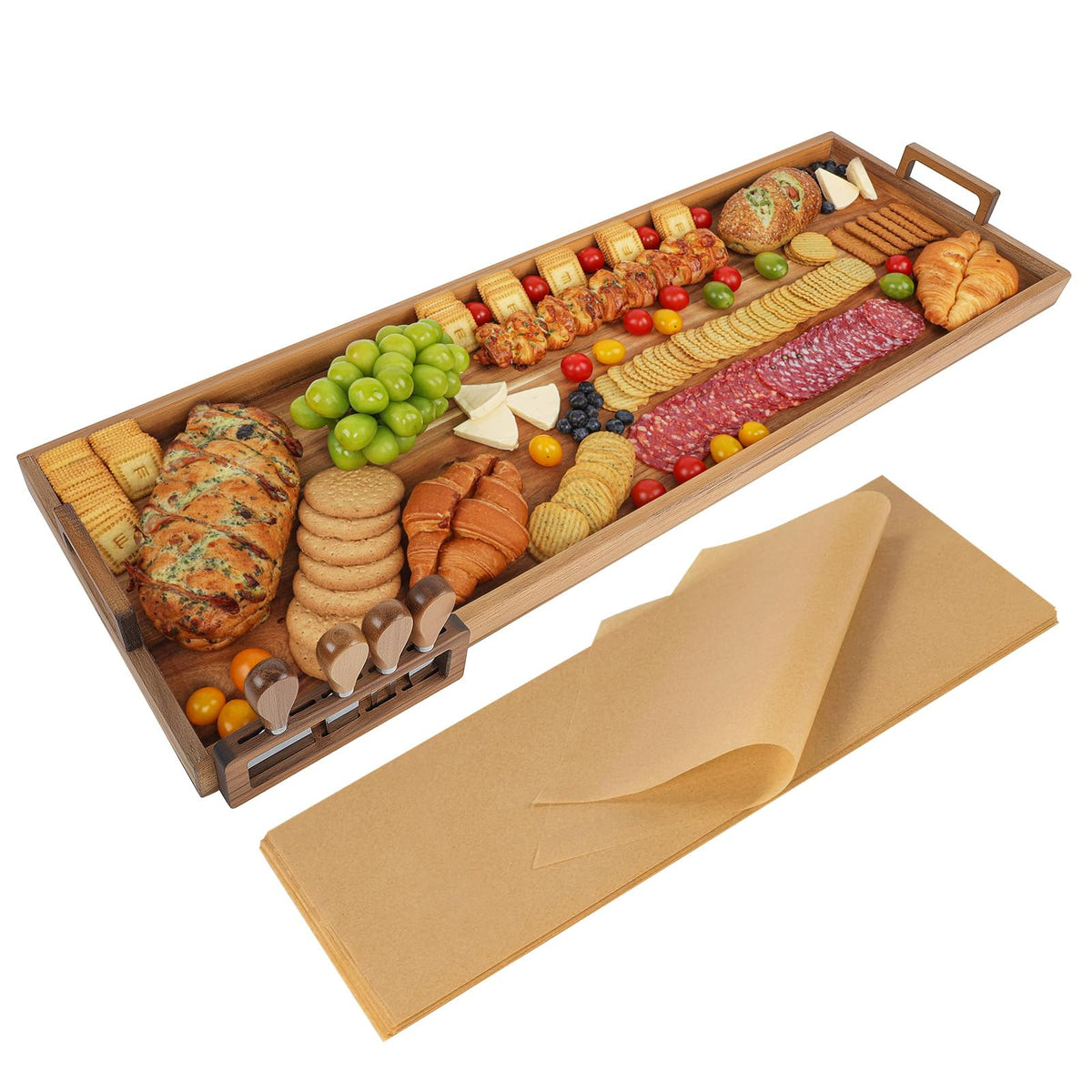 Young Speeds charcuterie board in acacia wood, top view for easy hosting.