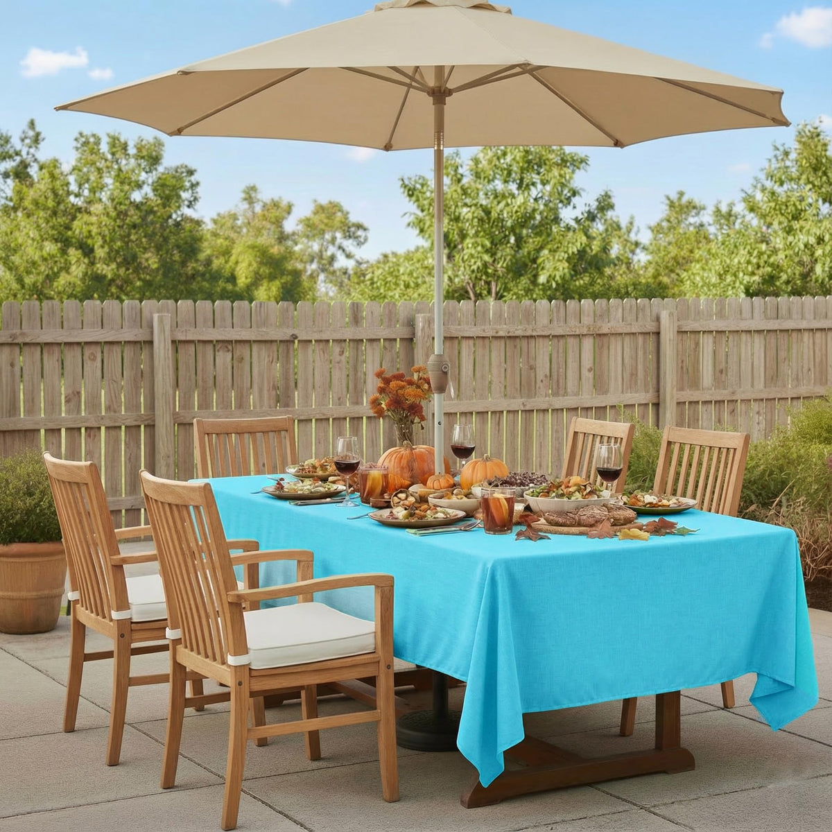 Youngseahome tablecloth with zipper umbrella hole demonstrates easy setup for shaded meals