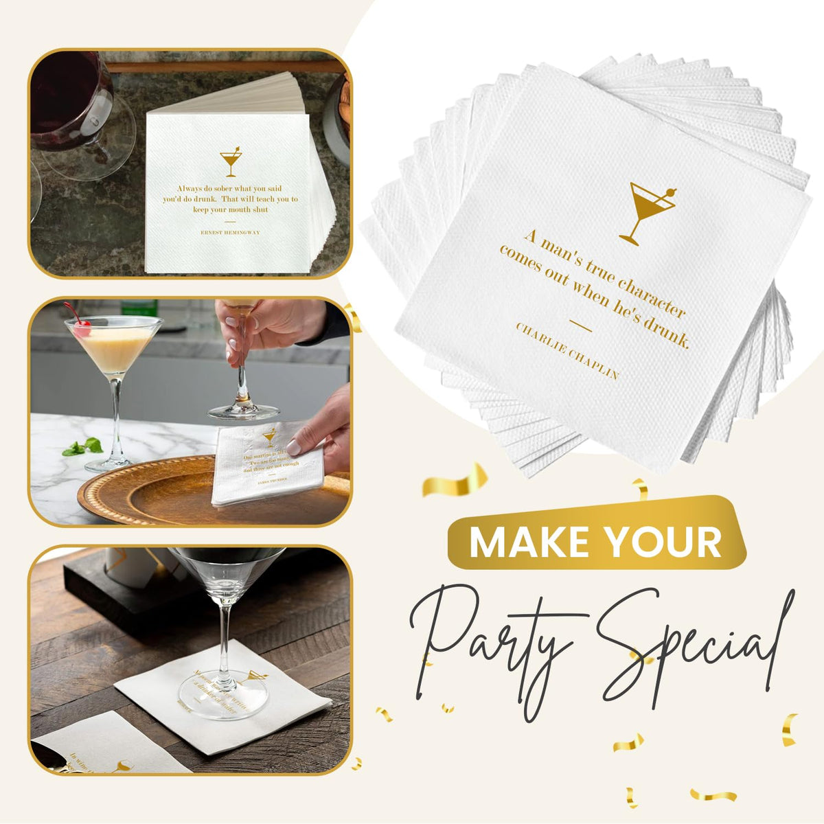 Your Dream Party Shop bar napkins keep spills under control during toasts.