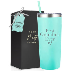 Your Dream Party Shop Best Grandma Ever tumbler in mint green, double-wall insulated for hot or cold drinks.