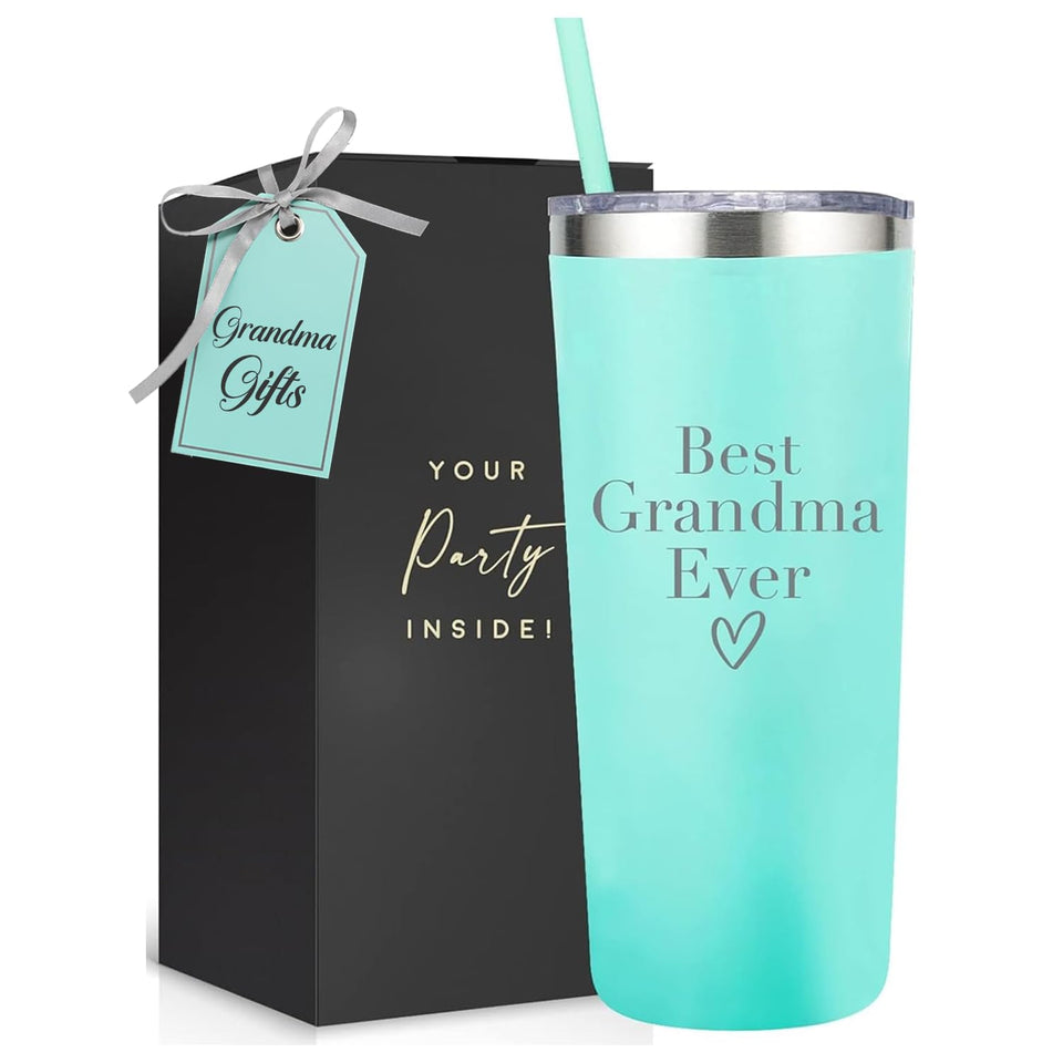 Your Dream Party Shop Best Grandma Ever tumbler in mint green, double-wall insulated for hot or cold drinks.