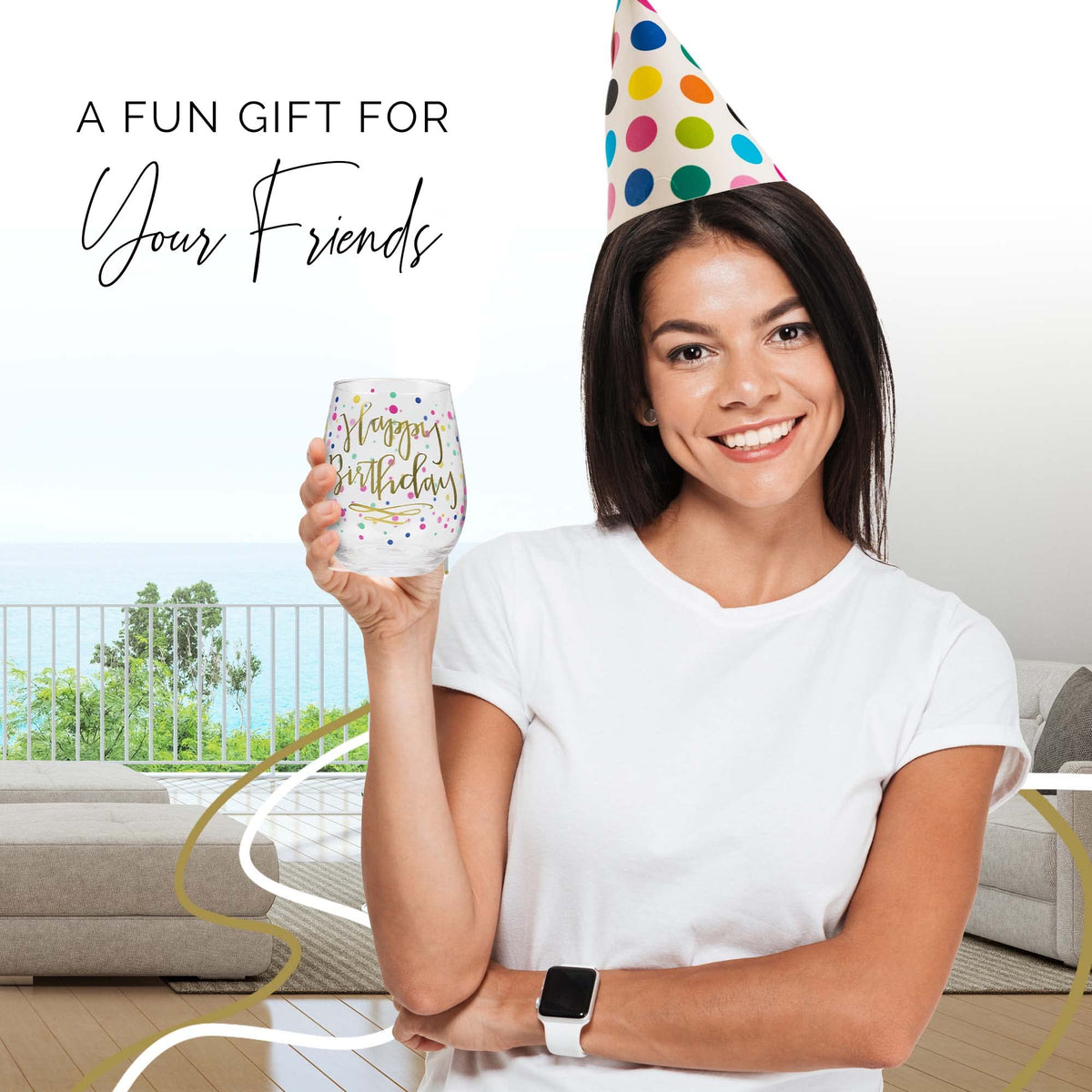 Your Dream Party Shop elegant wine cup with gold print, enhances birthday celebrations.