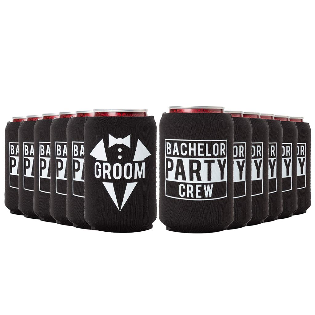 Your Dream Party Shop side-view can coolers showing Groom and Crew designs for bachelor party flair