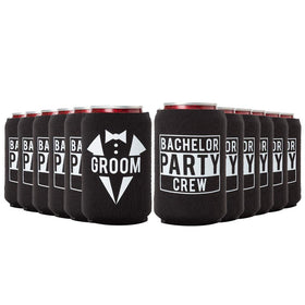 Your Dream Party Shop side-view can coolers showing Groom and Crew designs for bachelor party flair