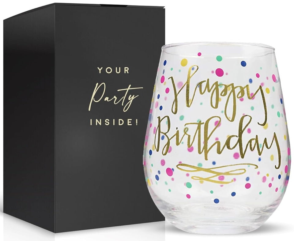 Your Dream Party Shop 22oz happy birthday wine glass with gold confetti, ideal for celebratory toasts.