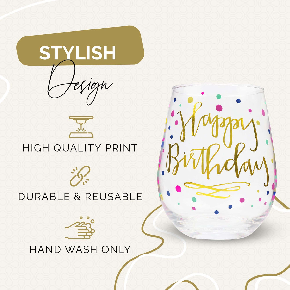 Your Dream Party Shop stemless wine glass with gold print, adds elegance to birthday gatherings.