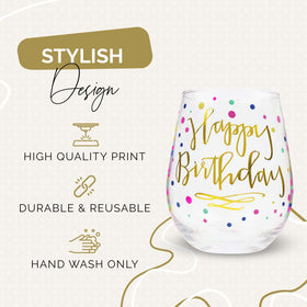 Your Dream Party Shop stemless wine glass with gold print, adds elegance to birthday gatherings.