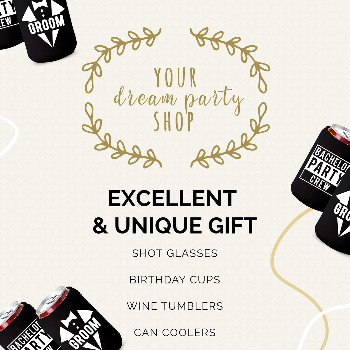 Your Dream Party Shop white-black can coolers ideal for bachelor party décor