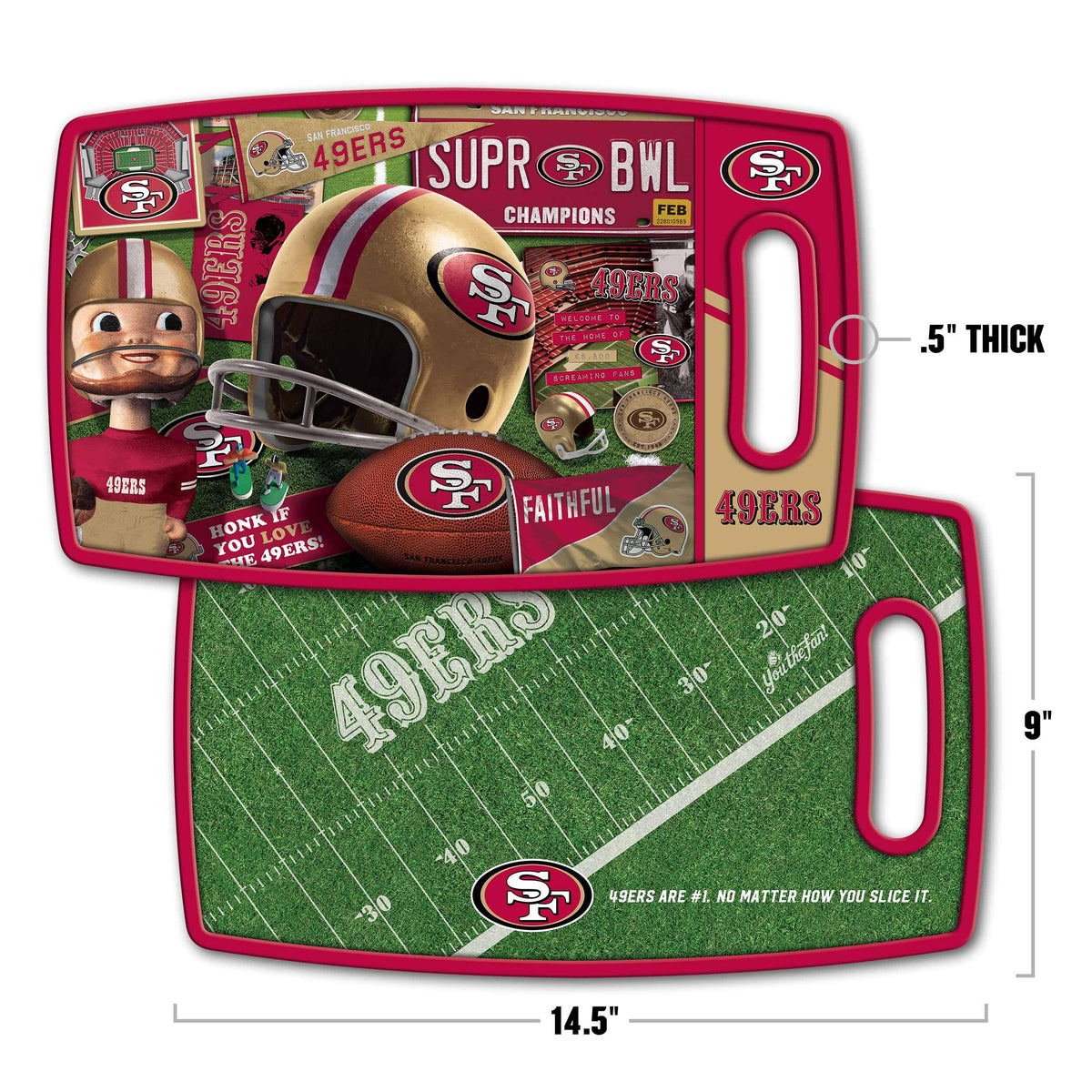 YouTheFan 49ers retro cutting board back featuring team slogans for display and use.