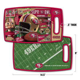 YouTheFan 49ers retro cutting board back featuring team slogans for display and use.