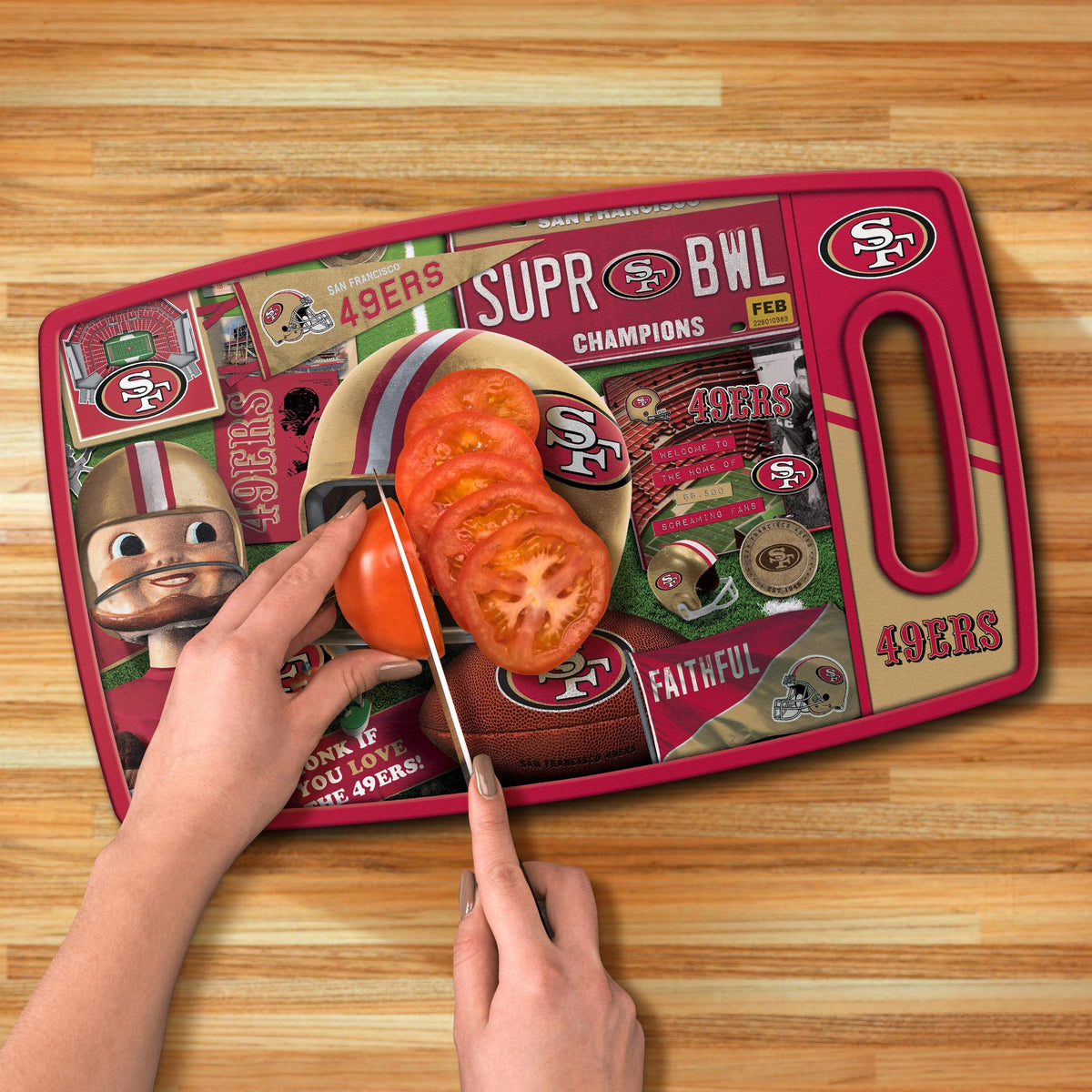 YouTheFan 49ers retro cutting board memorabilia design adds fan-centric detail.