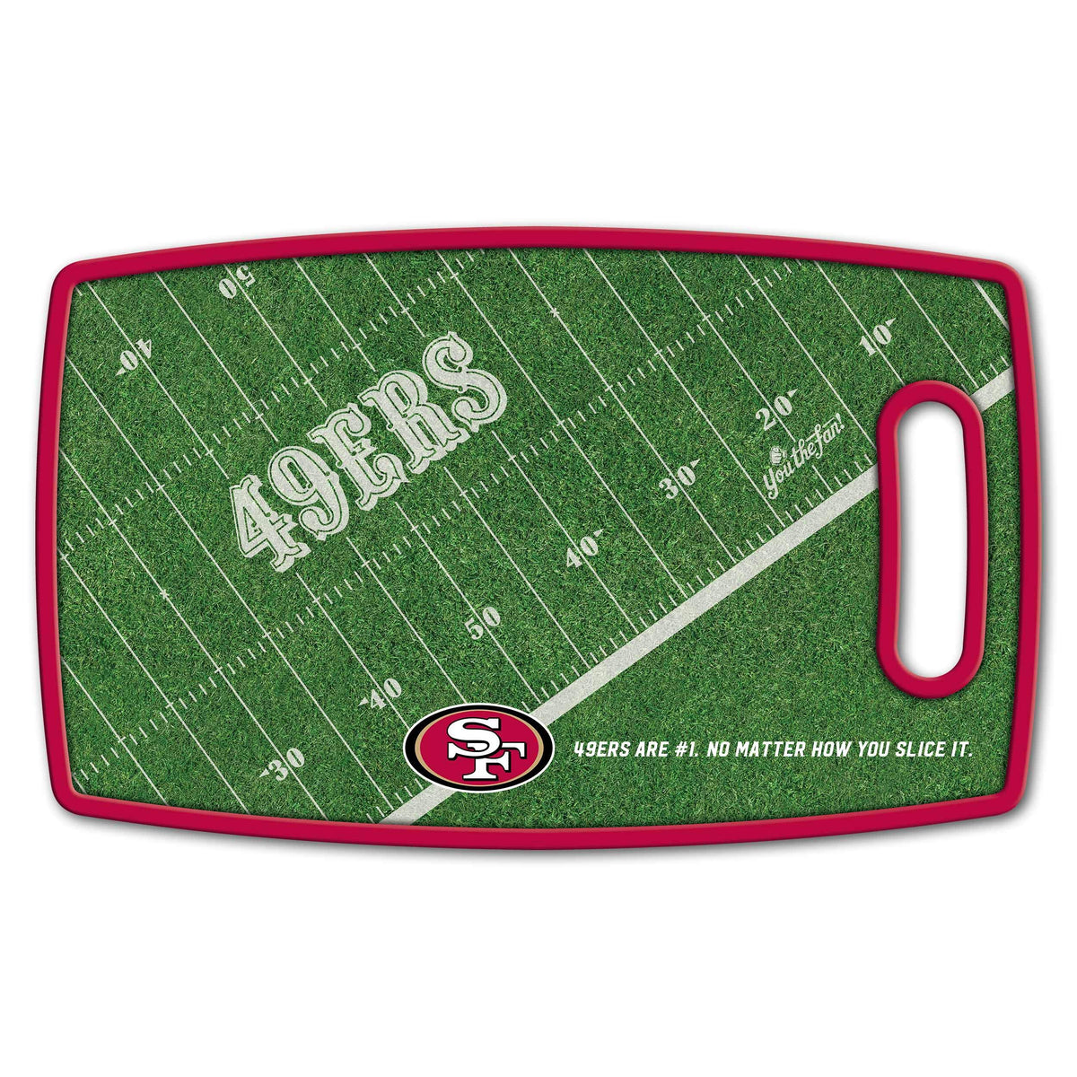 YouTheFan 49ers retro cutting board side angle highlights durable knife-friendly surface.