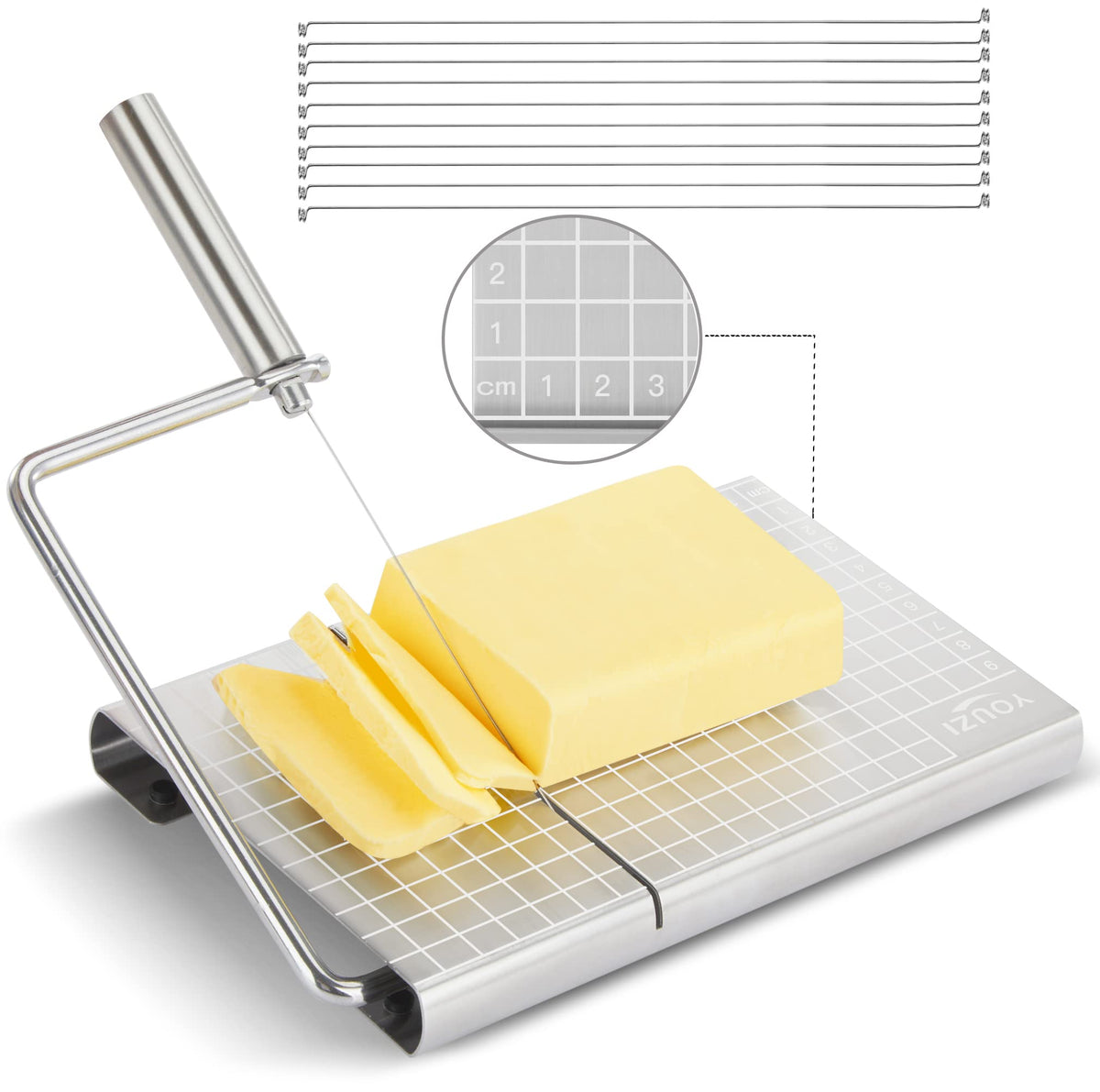 YouZi stainless steel cheese slicer with grid scale delivers precise, even slices.