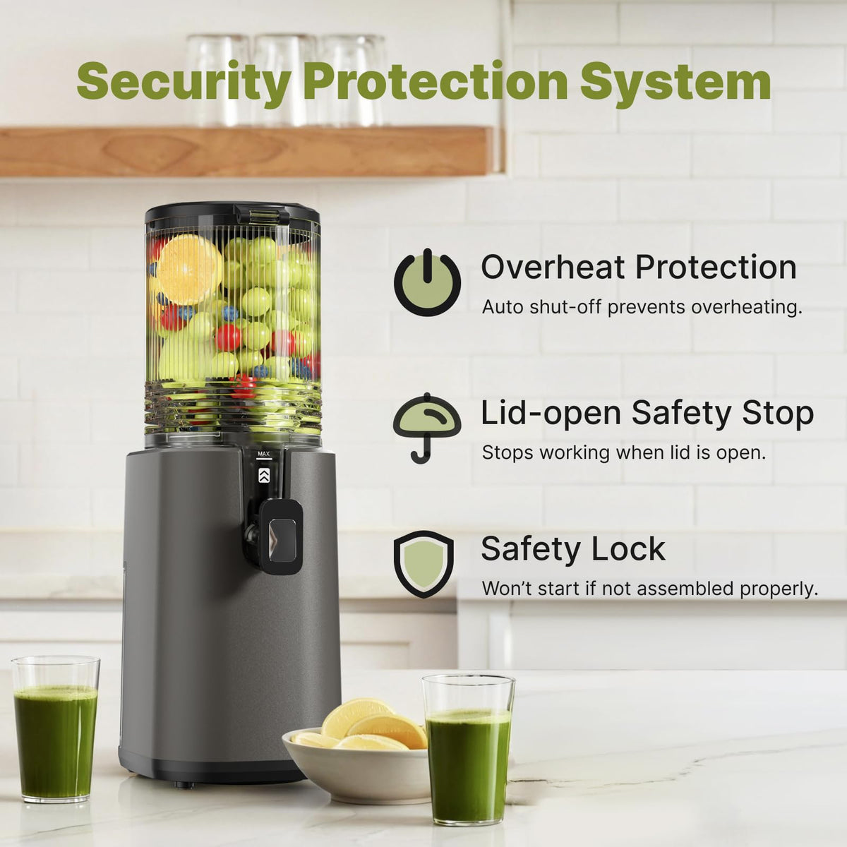 YOYDS cold press juicer 1L pulp container reduces interruptions during prep.