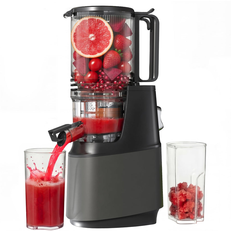 YOYDS cold press juicer with 5.3-inch feed chute enables whole-fruit juicing.