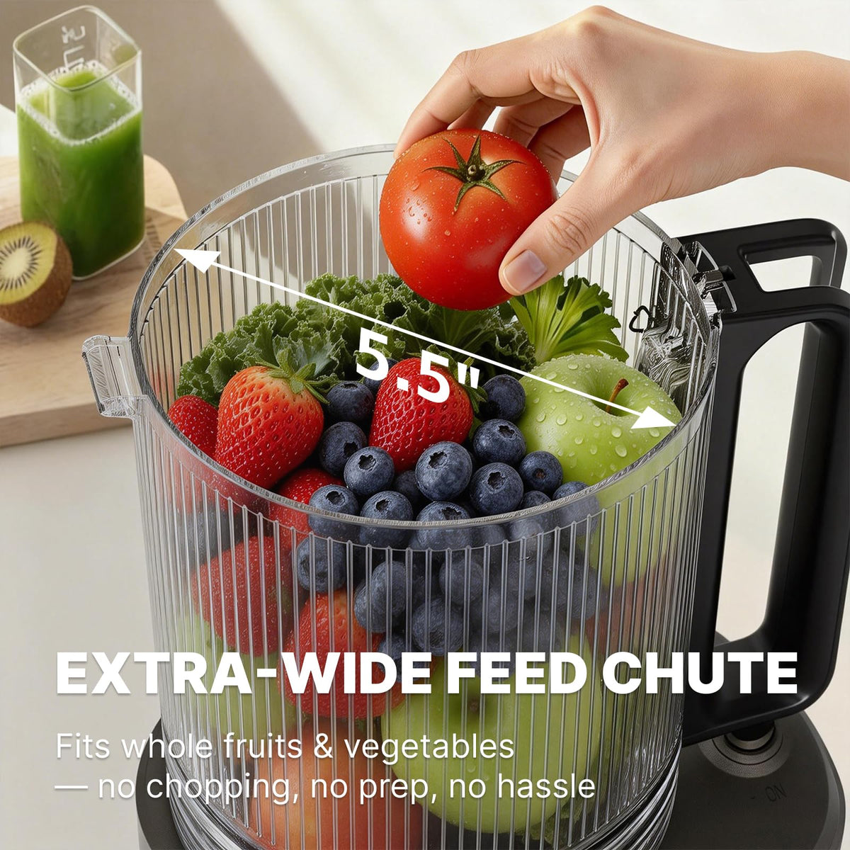 YOYDS cold press juicer with a 55rpm motor for quiet, nutrient-friendly juicing.