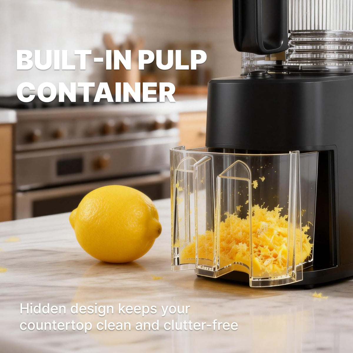 YOYDS cold press juicer black body blends into a modern kitchen space.