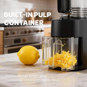 YOYDS cold press juicer black body blends into a modern kitchen space.