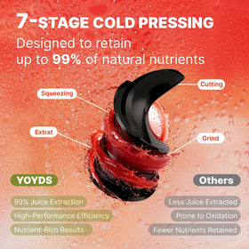 YOYDS cold press juicer hidden pulp container keeps counter clean and organized.