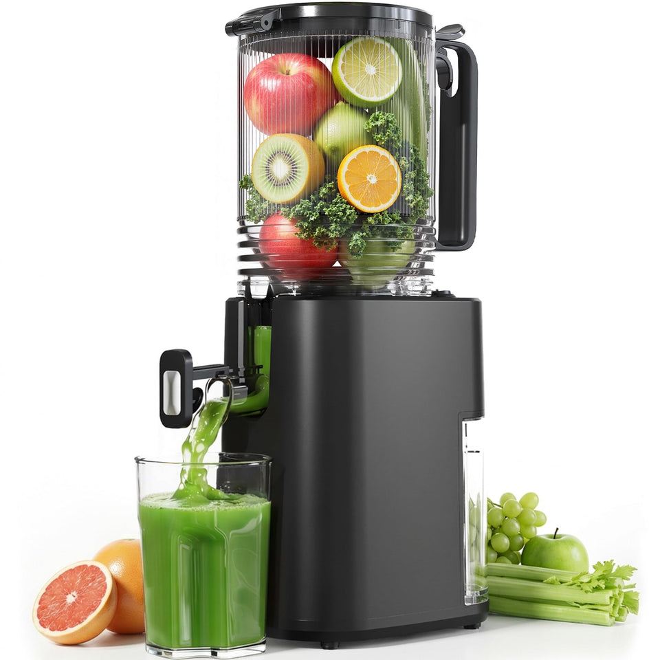 YOYDS cold press juicer with wide chute for quick whole-fruit juicing