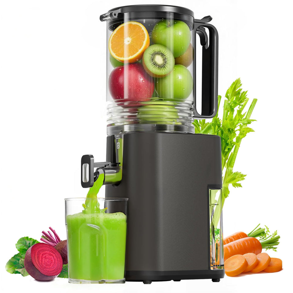 YOYDS cold press juicer with wide feed chute for quick whole-fruit juicing.