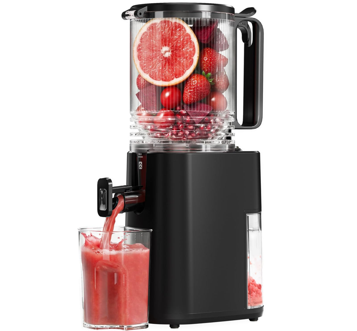 YOYDS cold press juicer shows the 5.5-inch wide feed chute for whole produce, saving prep time.