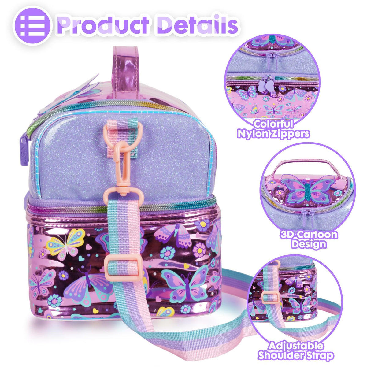 YOYTOO butterfly lunch bag adjustable strap offers versatile crossbody carrying.