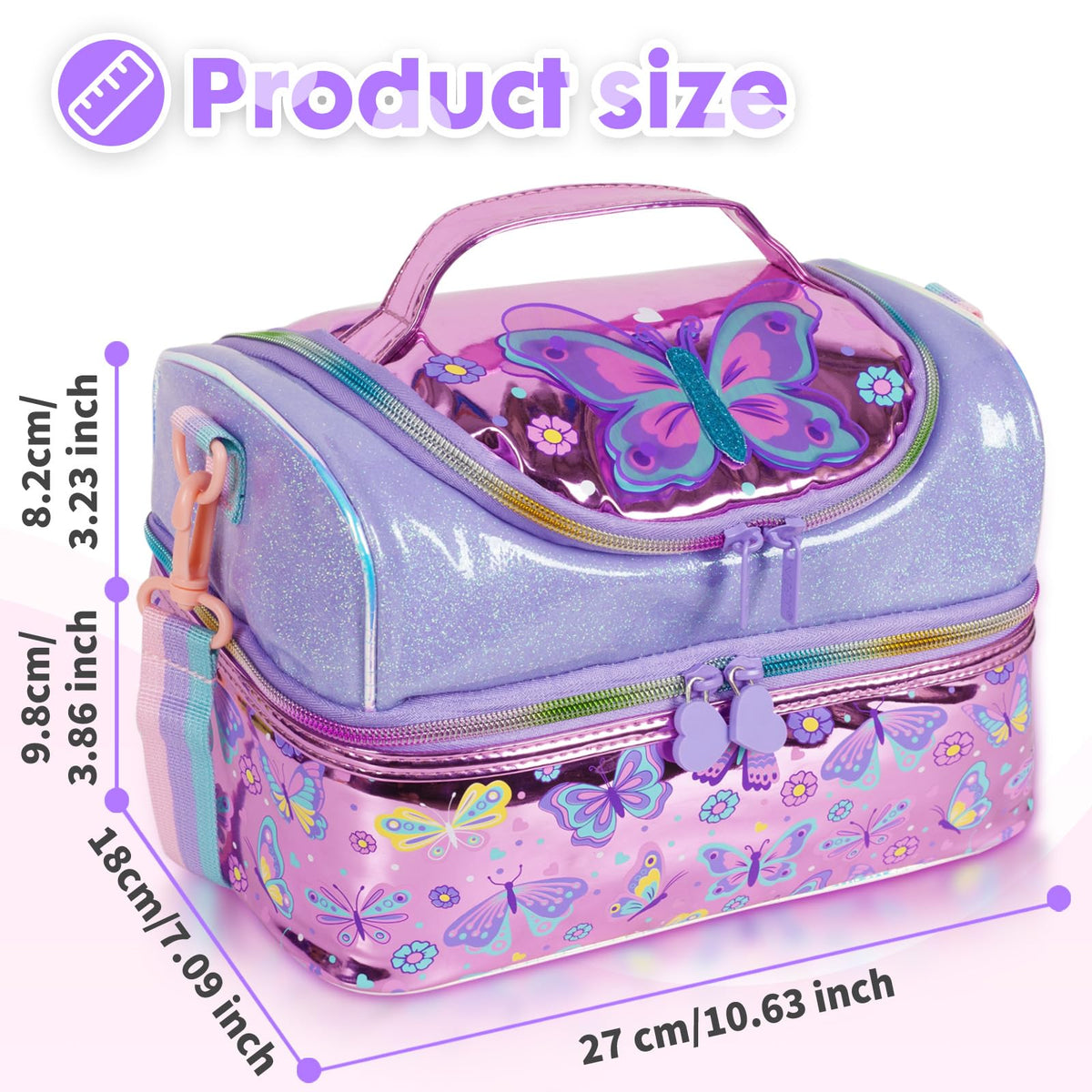 YOYTOO butterfly lunch bag size view shows kid-friendly dimensions.
