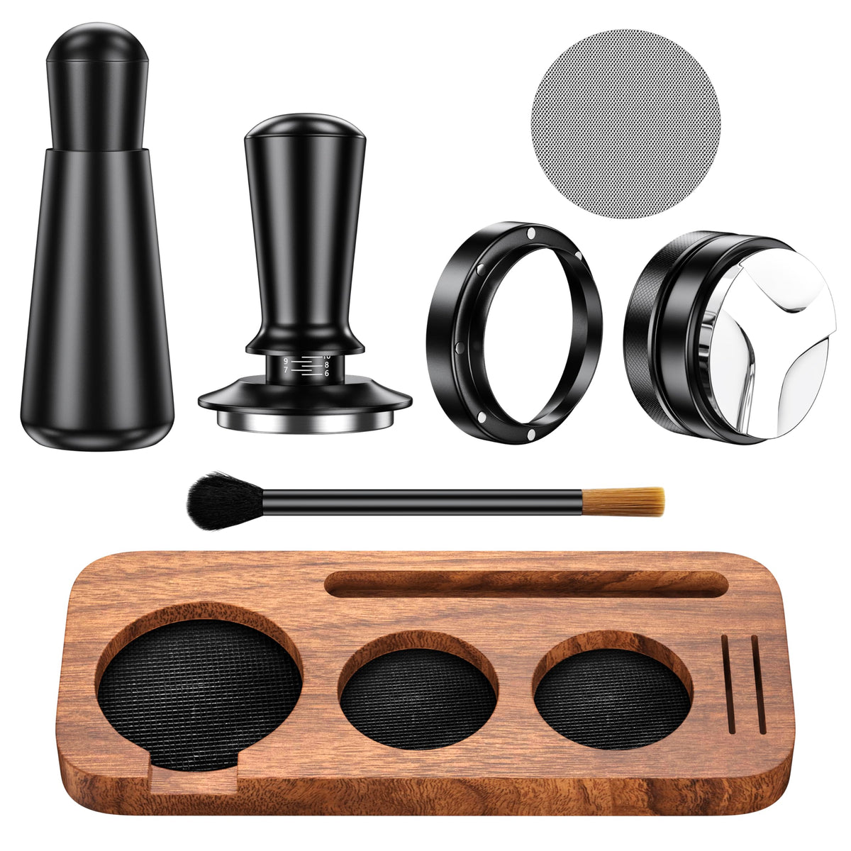 YOZYU espresso accessories kit tamping station shown in natural wood for a tidy home coffee corner.