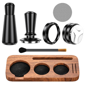 YOZYU espresso accessories kit tamping station shown in natural wood for a tidy home coffee corner.
