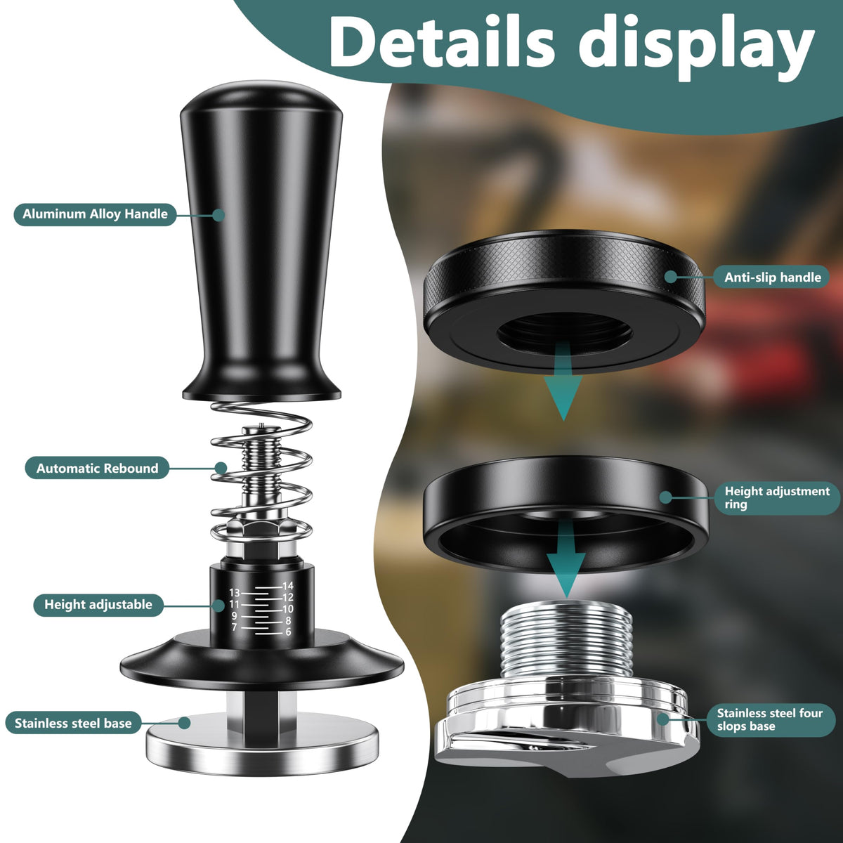 YOZYU spring-loaded tamper delivers even tamping for consistent shots.