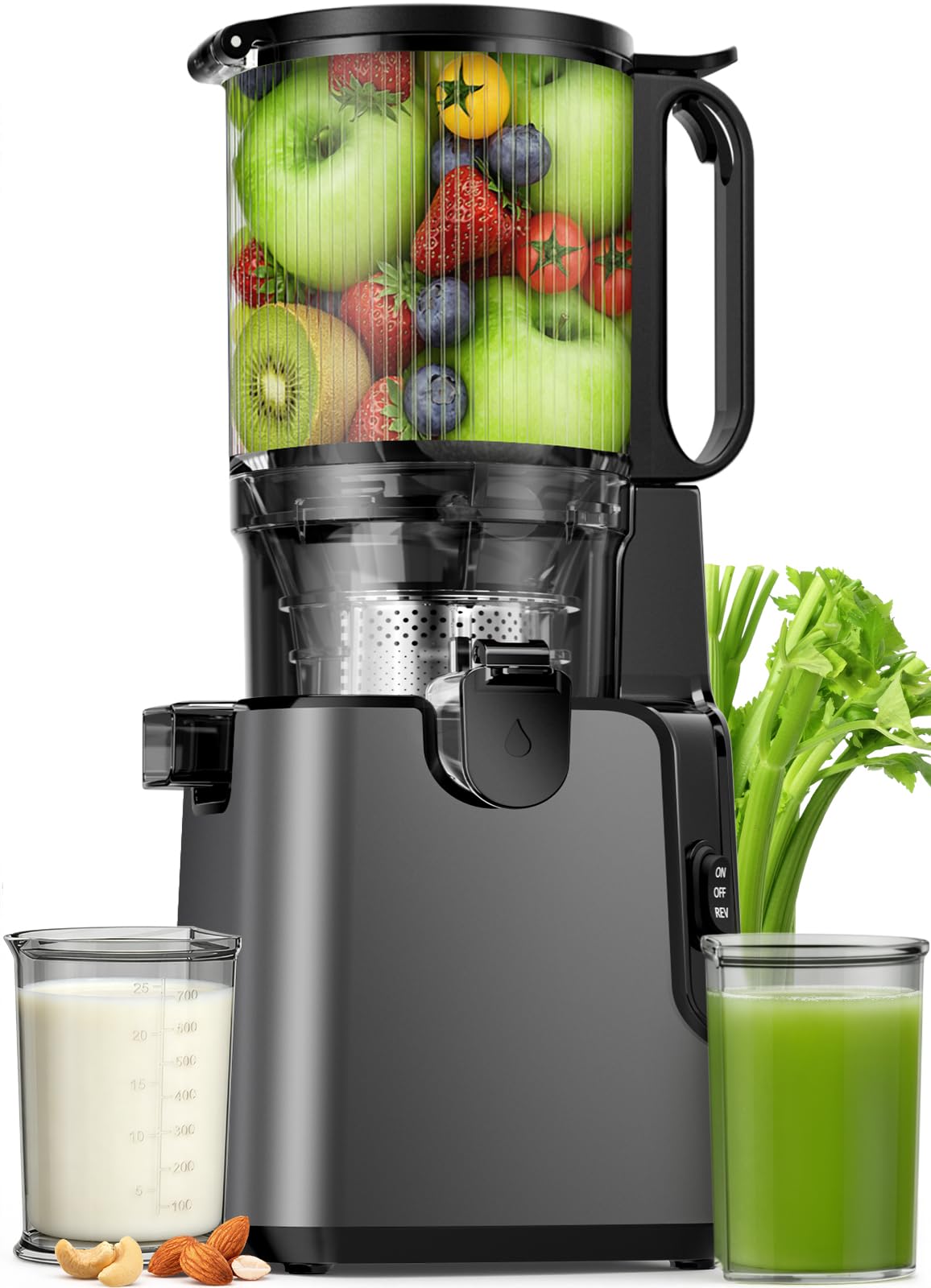 YPONE juicer with a 5.8-inch feed chute for whole-fruit processing.