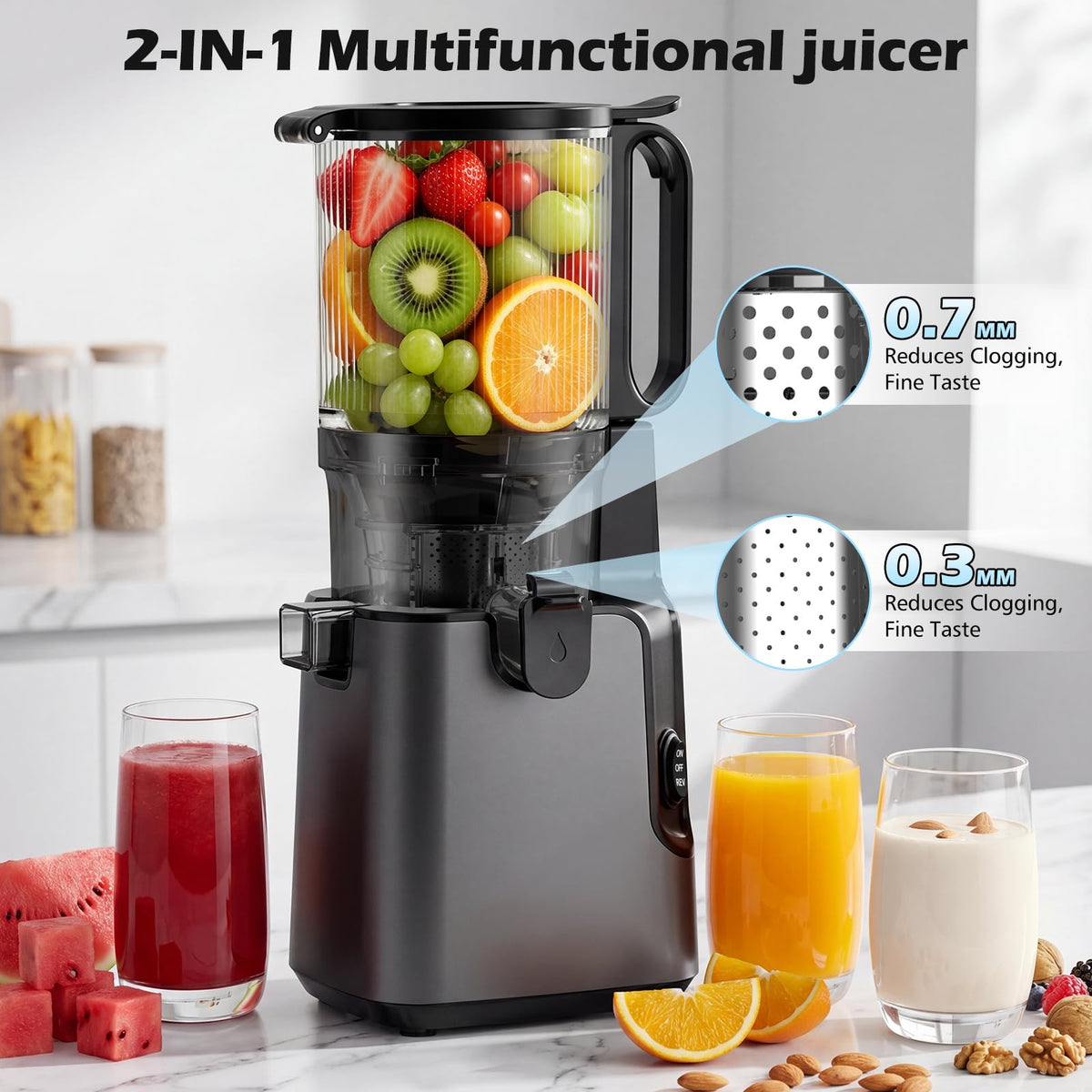 YPONE slow juicer at 55rpm minimizes heat and oxidation for fresher juice.