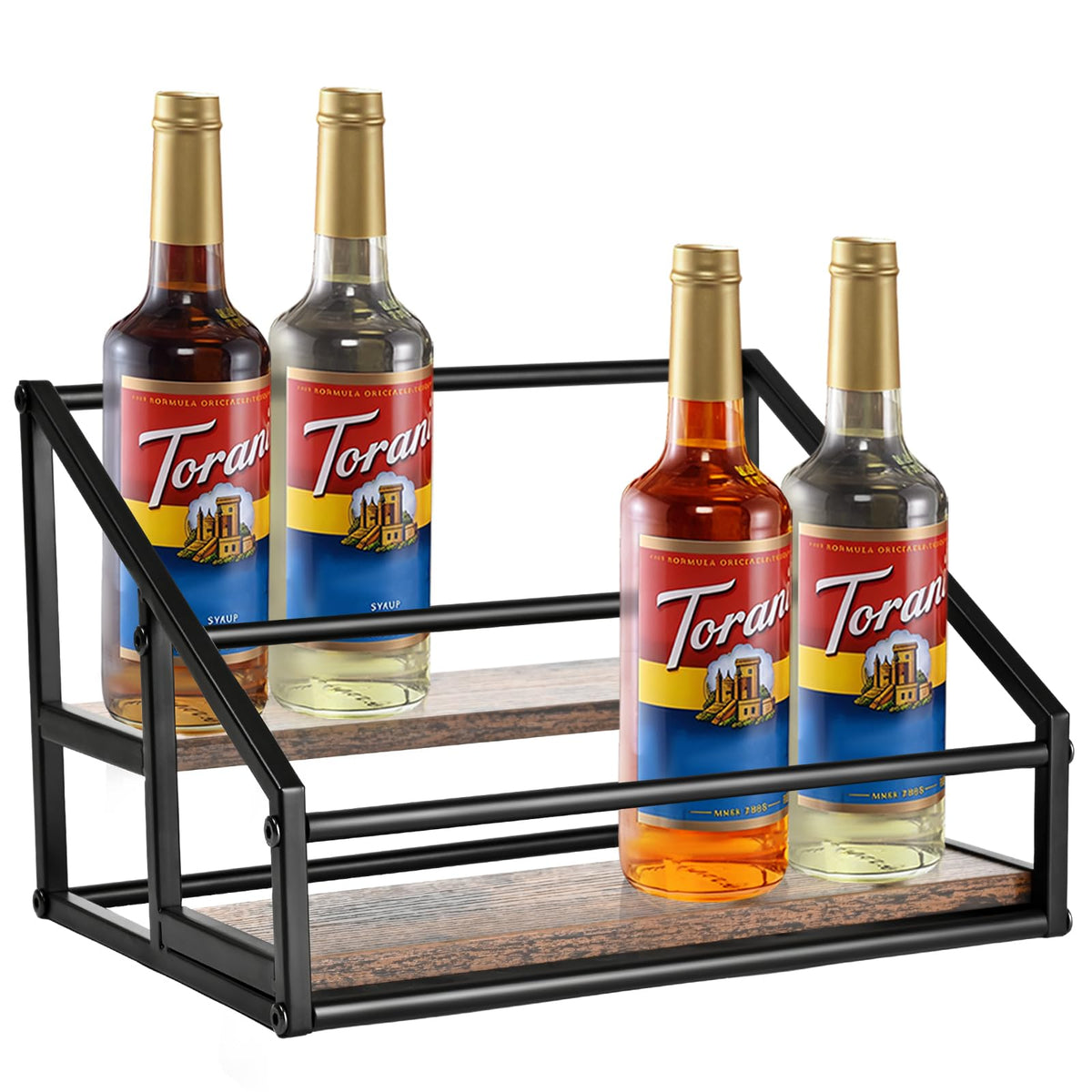 YQBRAO 2-tier syrup organizer front view keeps bottles neatly arranged for a tidy coffee bar.