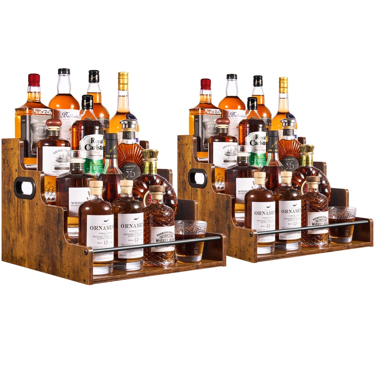 YQBRAO 2-pack 4-tier bottle display on countertop showcases spirits for easy selection