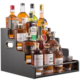 YQBRAO 4-tier liquor display shelf with organized bottle tiers for easy viewing.
